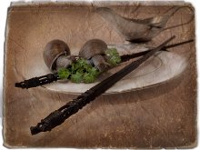 Still life with two hungry snails and two Chinese chopsticks. / ***