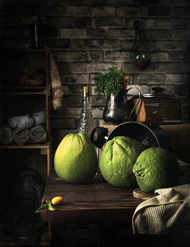 Once Upon a Time in the kitchen / still life about the secret life of kitchen dwellers, with Chinese mandarin (Fortunella) and three pomelo (Citrus maxima)