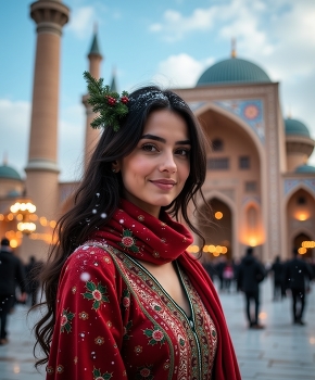 Persian Woman in Traditional Red Dress at Historic Mosque — Winter Portrait with Warm Smile / A captivating portrait of a young Iranian woman wearing a traditional red Persian dress adorned with festive floral patterns. She stands gracefully in front of an ornate mosque with turquoise domes, while gentle snowflakes fall around her. The warm lighting, elegant smile, and cultural authenticity create a timeless and heartwarming scene — perfect for editorial, cultural, or travel photography collections.