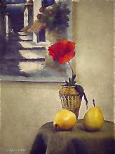With a poppy and pears. / ........................