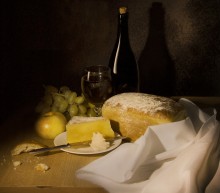 Still-life with cheese, bread and wine / ***