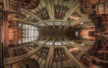 Gloucester cathedral IV / Stitched panorama (180 degreees) of the Gloucester cathedral ceiling