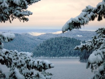 Quesnel Highlands / View of Canim Lake during winter. BC Canada