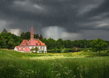 Summer landscape with a downpour and a palace. / Summer landscape with a downpour and a palace. Gatchina. Russia.