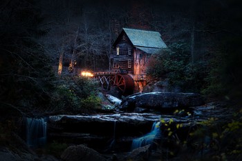 Leave a Light on for Me / The Glade Creek Grist Mill at dusk in late fall