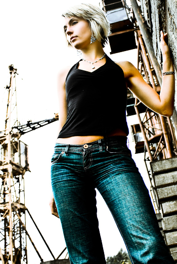 Girl and tower cranes