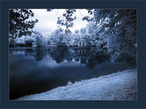 Landscape with a gazebo on the water