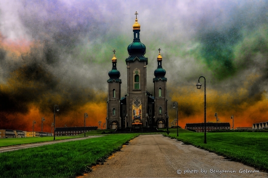 Church against the dark clouds