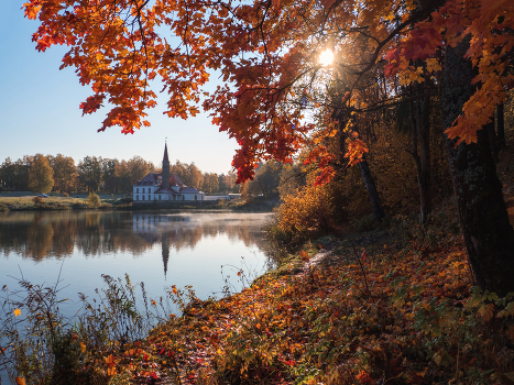 Autumn landscape with the Priory Palace. Gatchina. Russia.