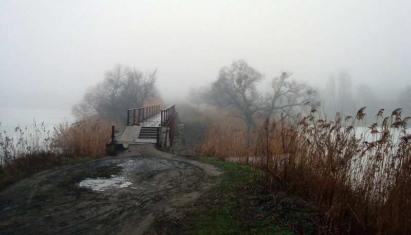The bridge in the misty distance