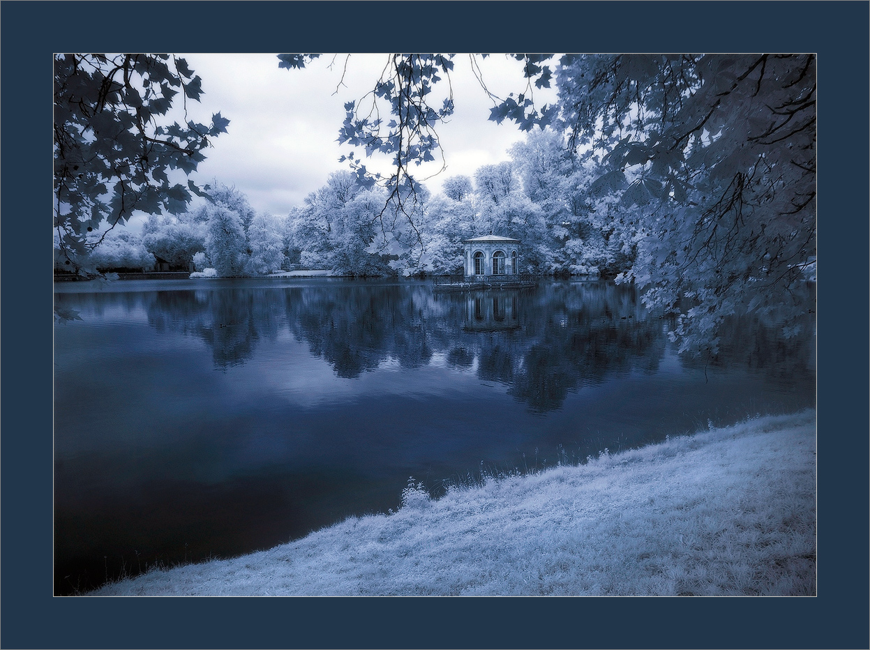 Landscape with a gazebo on the water