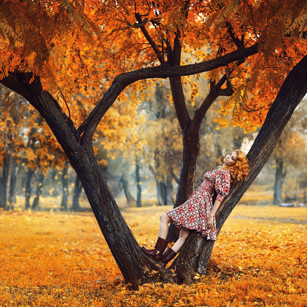 Девушка у осеннего дерева